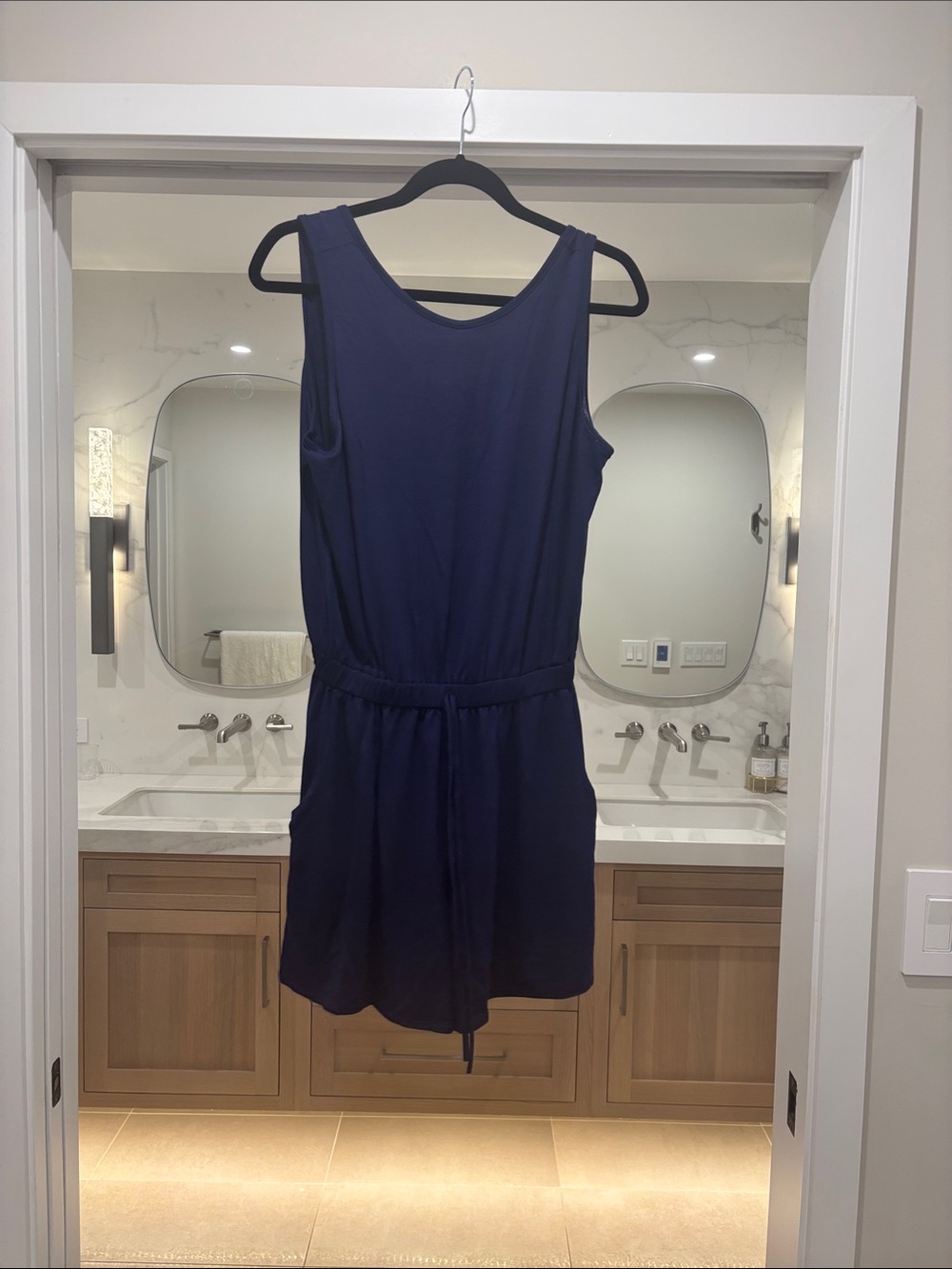 Sleeveless Navy Blue Romper with Drawstring Waist